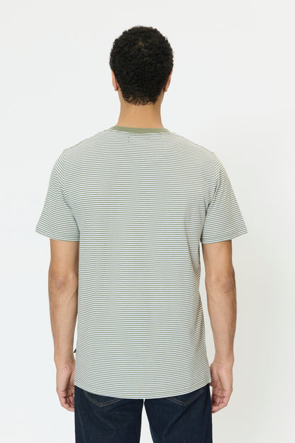 Person wearing a striped t-shirt on a white background