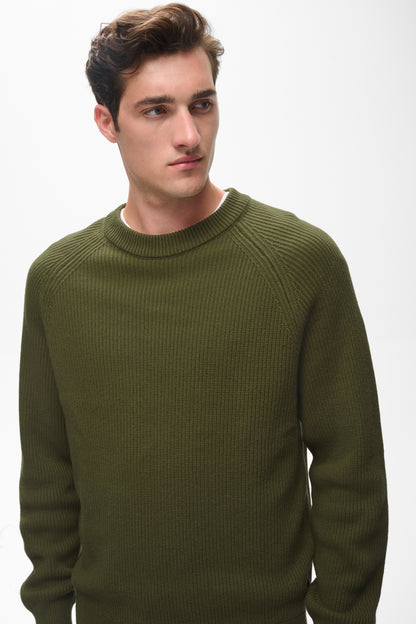 A man wearing a ribbed knit crewneck sweater in olive green, photographed against a plain light gray studio background.