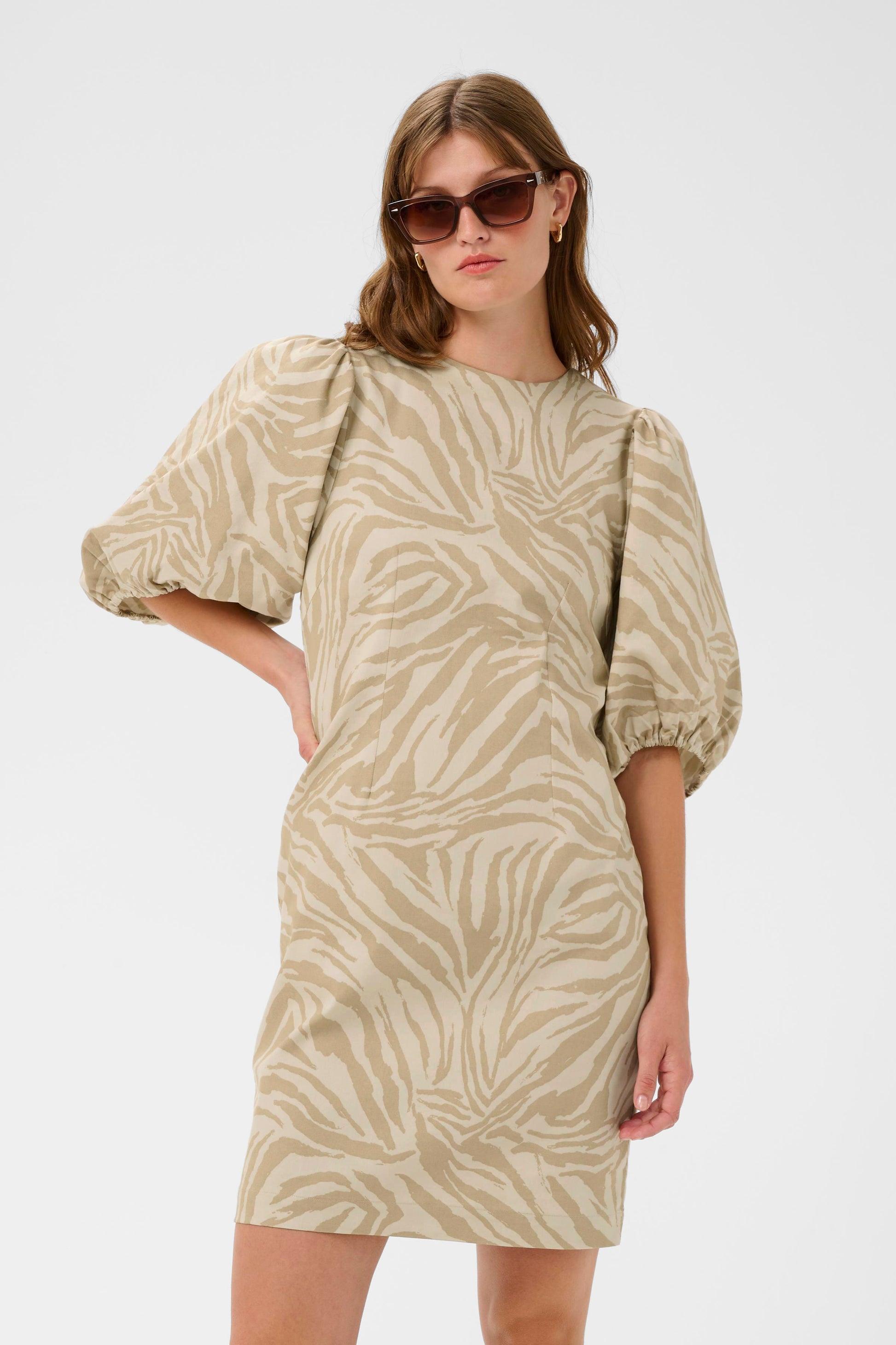 Woman wearing a patterned dress with puff sleeves on a white background