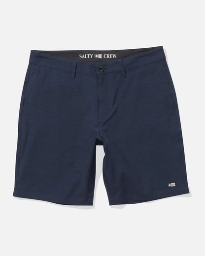 Navy shorts with Salty Crew logo on a white background