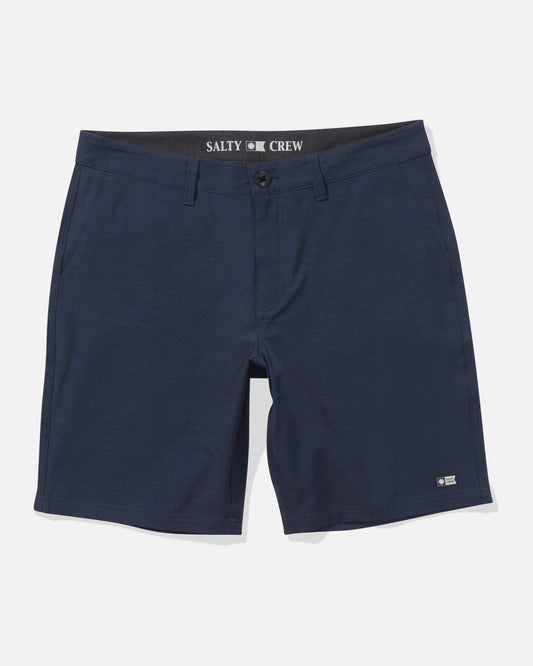 Navy shorts with Salty Crew logo on a white background