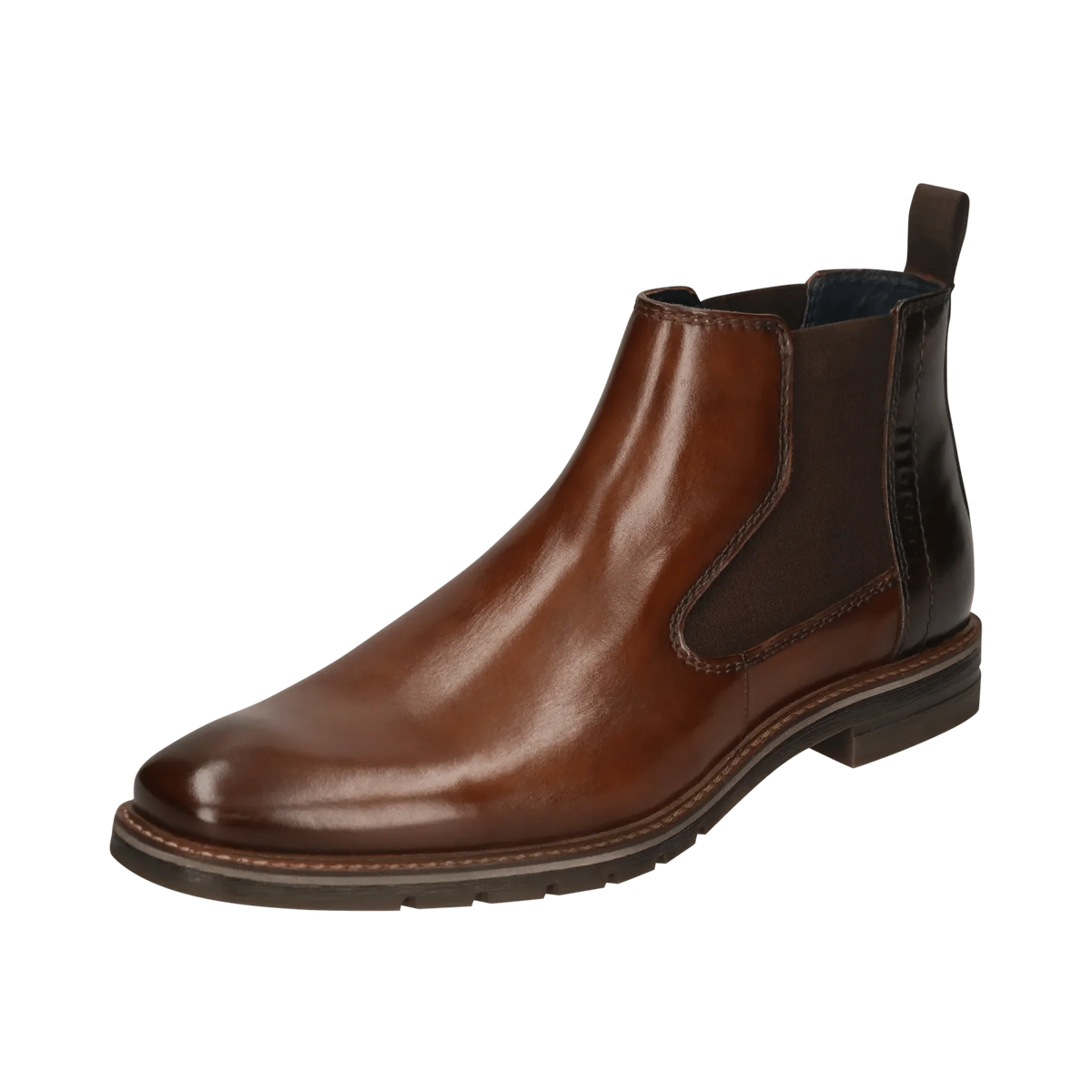 A brown leather Chelsea boot with dark brown elastic side panels, shown from a three-quarters angle on a plain white background.