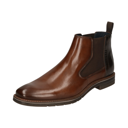 A brown leather Chelsea boot with dark brown elastic side panels, shown from a three-quarters angle on a plain white background.
