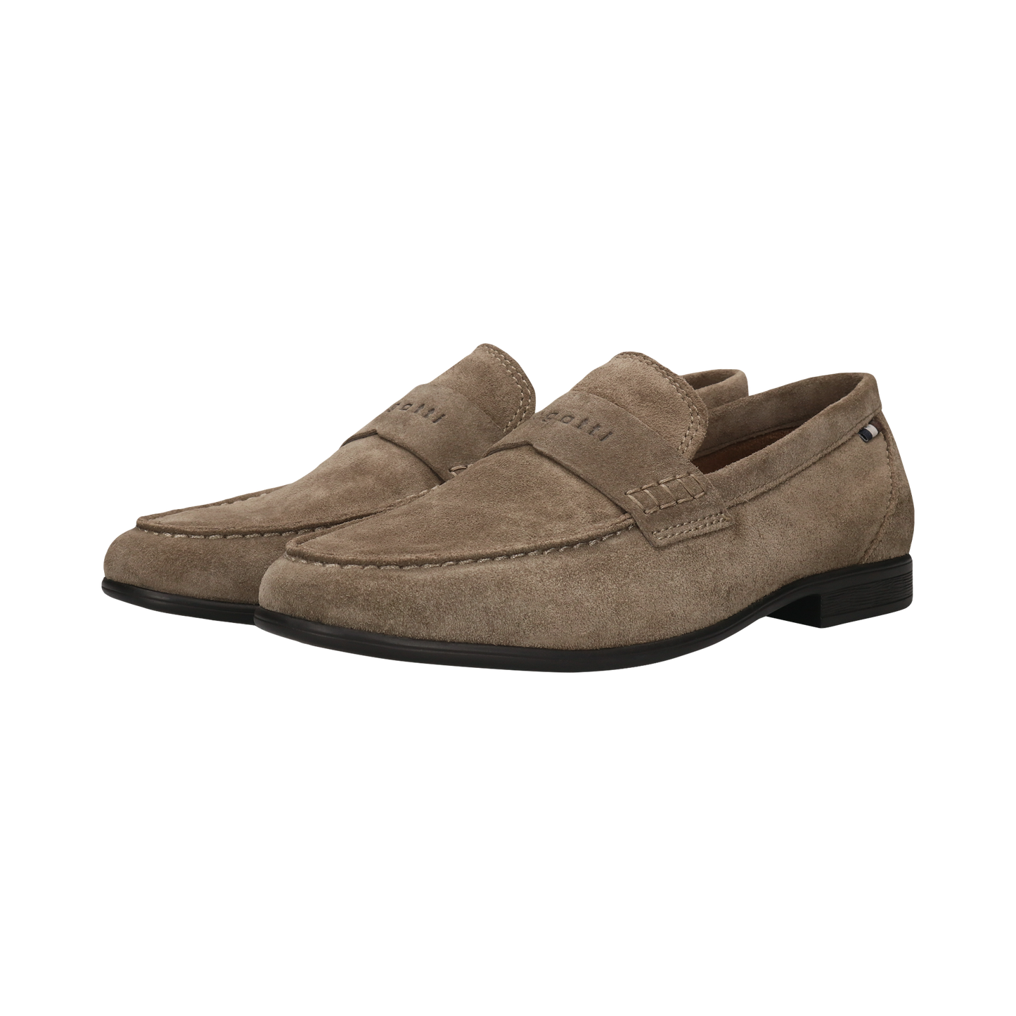 Pair of brown suede loafers on a white background
