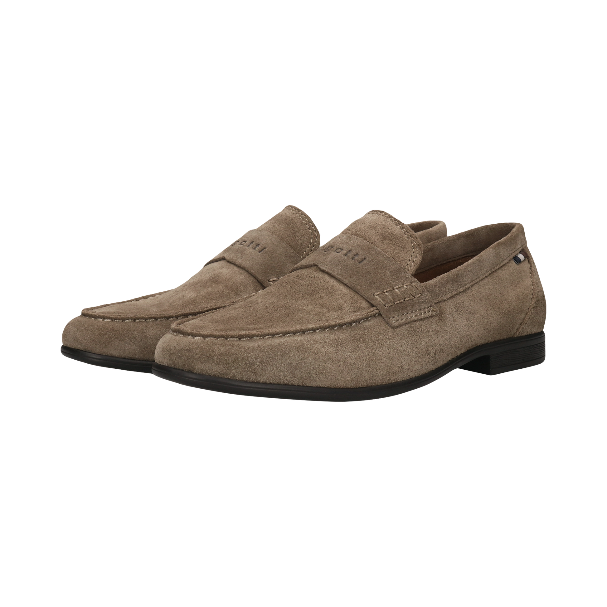 Pair of brown suede loafers on a white background