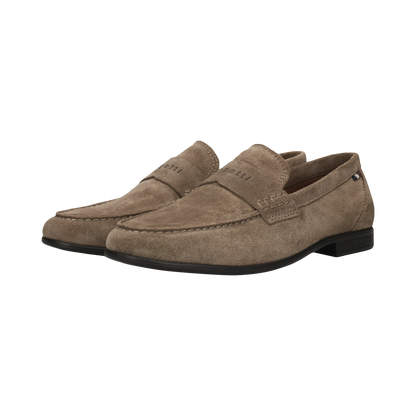 Pair of brown suede loafers on a white background