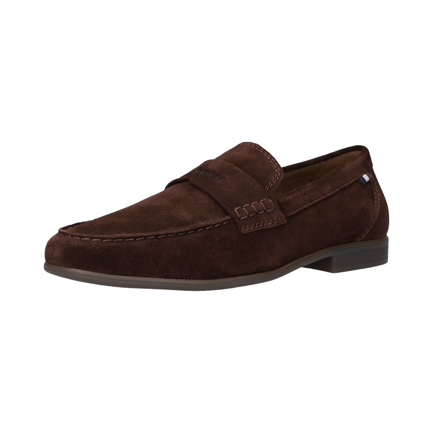 Brown suede loafer shoe on a white background