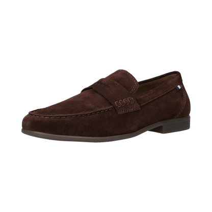 Brown suede loafer shoe on a white background