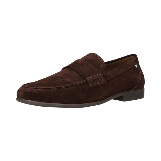 Brown suede loafer shoe on a white background