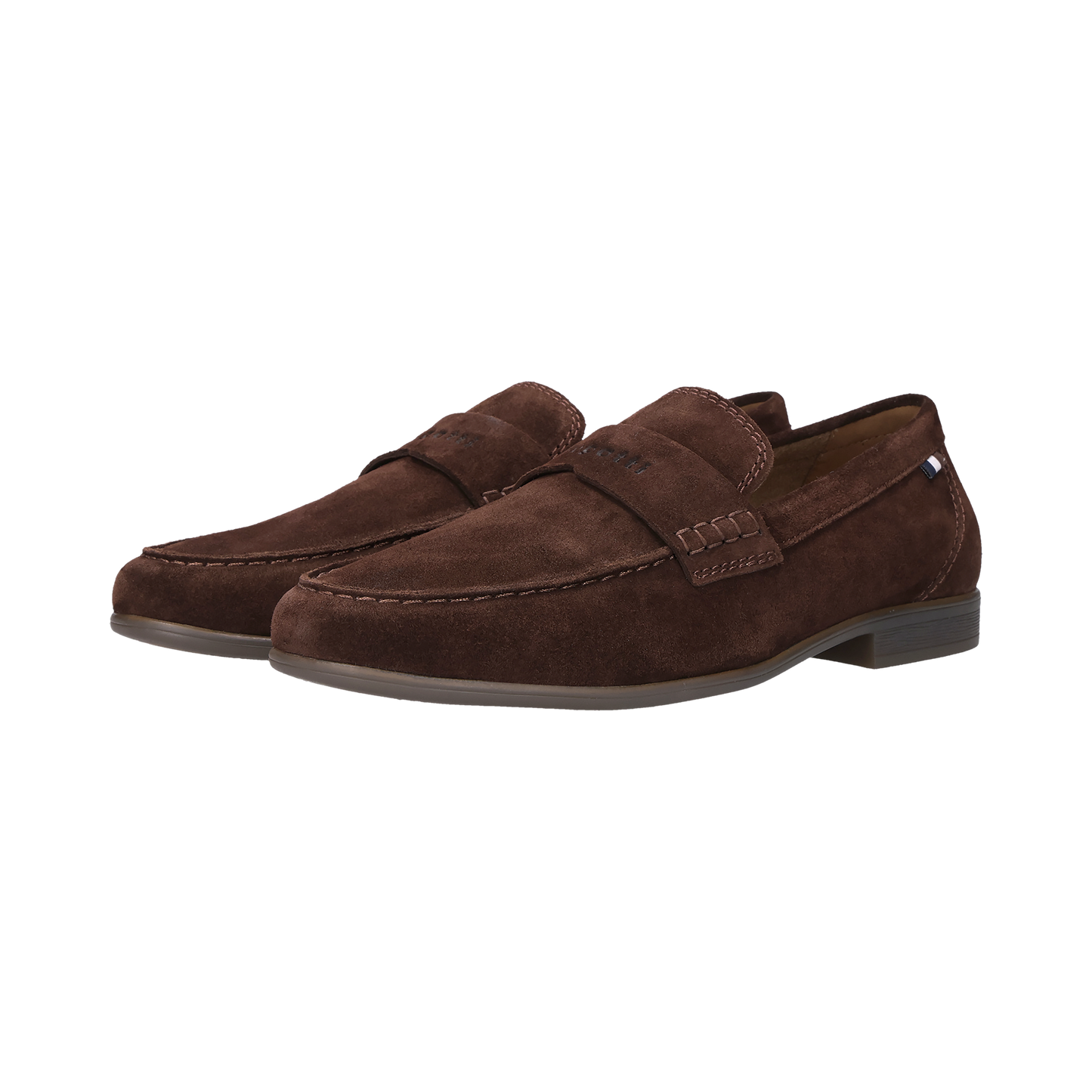 Pair of brown suede loafers on a white background