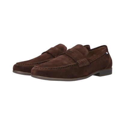 Pair of brown suede loafers on a white background