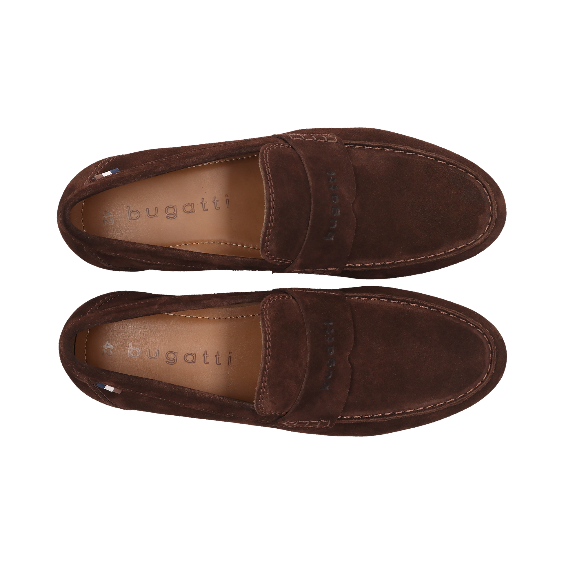 Pair of brown loafers with 'bugatti' branding on a white background