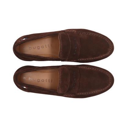 Pair of brown loafers with 'bugatti' branding on a white background