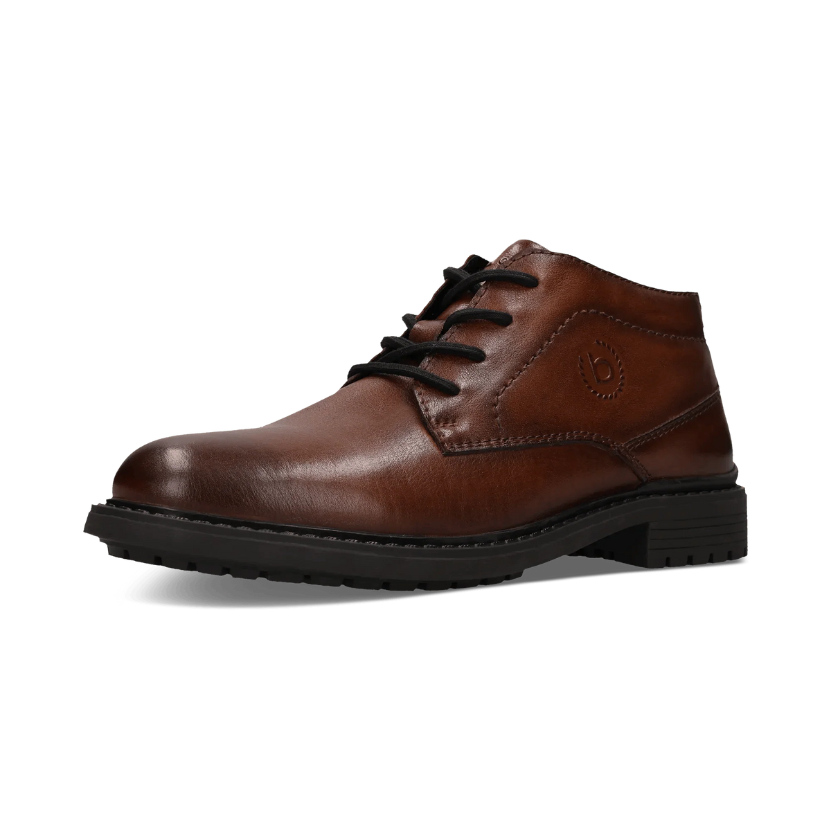 A brown leather lace-up ankle boot with black laces and a black sole, shown from a side profile on a white background.