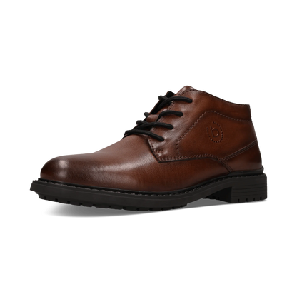 A brown leather lace-up ankle boot with black laces and a black sole, shown from a side profile on a white background.