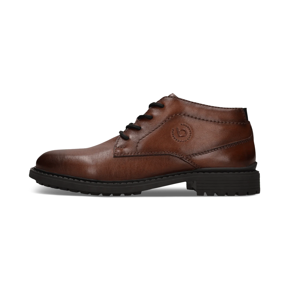 A brown leather lace-up ankle boot with a black sole and laces, shown in a side profile on a white background.