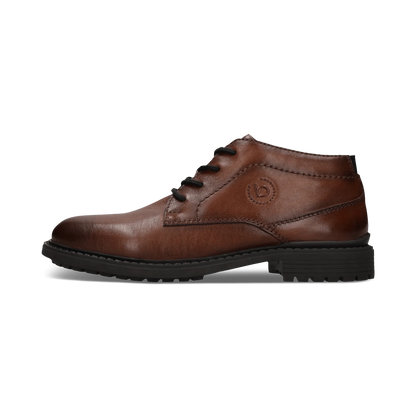 A brown leather lace-up ankle boot with a black sole and laces, shown in a side profile on a white background.