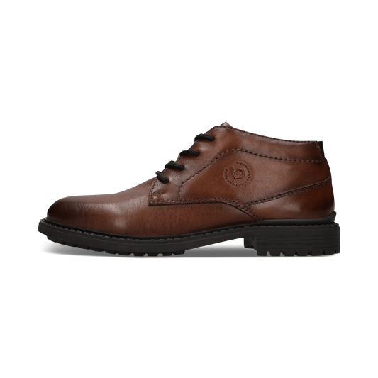 A brown leather lace-up ankle boot with a black sole and laces, shown in a side profile on a white background.