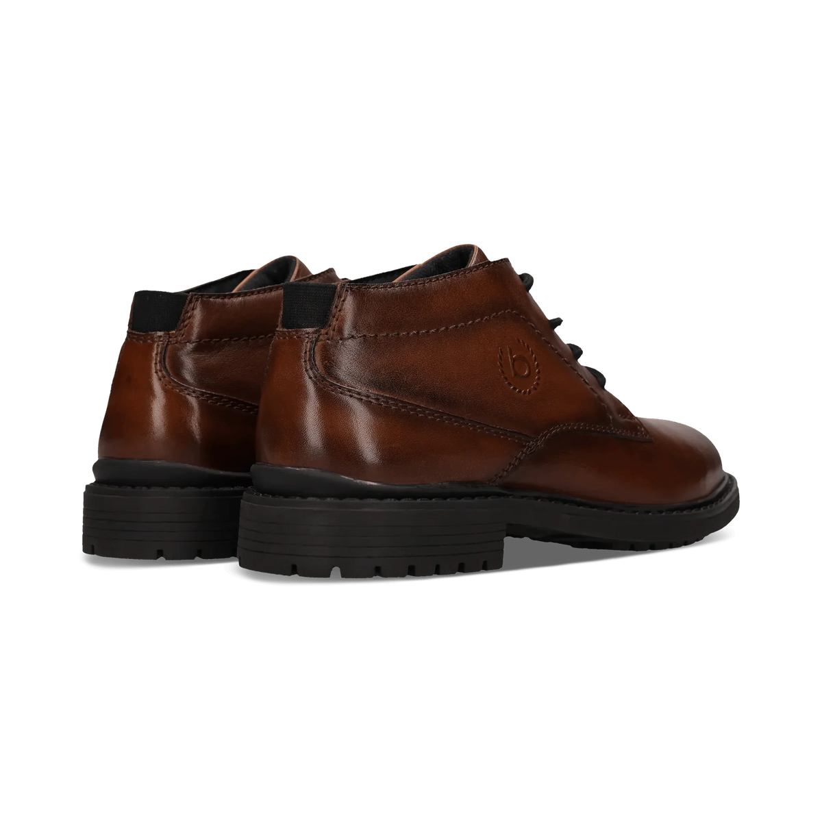 A pair of brown leather lace-up ankle boots with black soles, shown from a three-quarters angle on a plain white background.