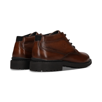 A pair of brown leather lace-up ankle boots with black soles, shown from a three-quarters angle on a plain white background.
