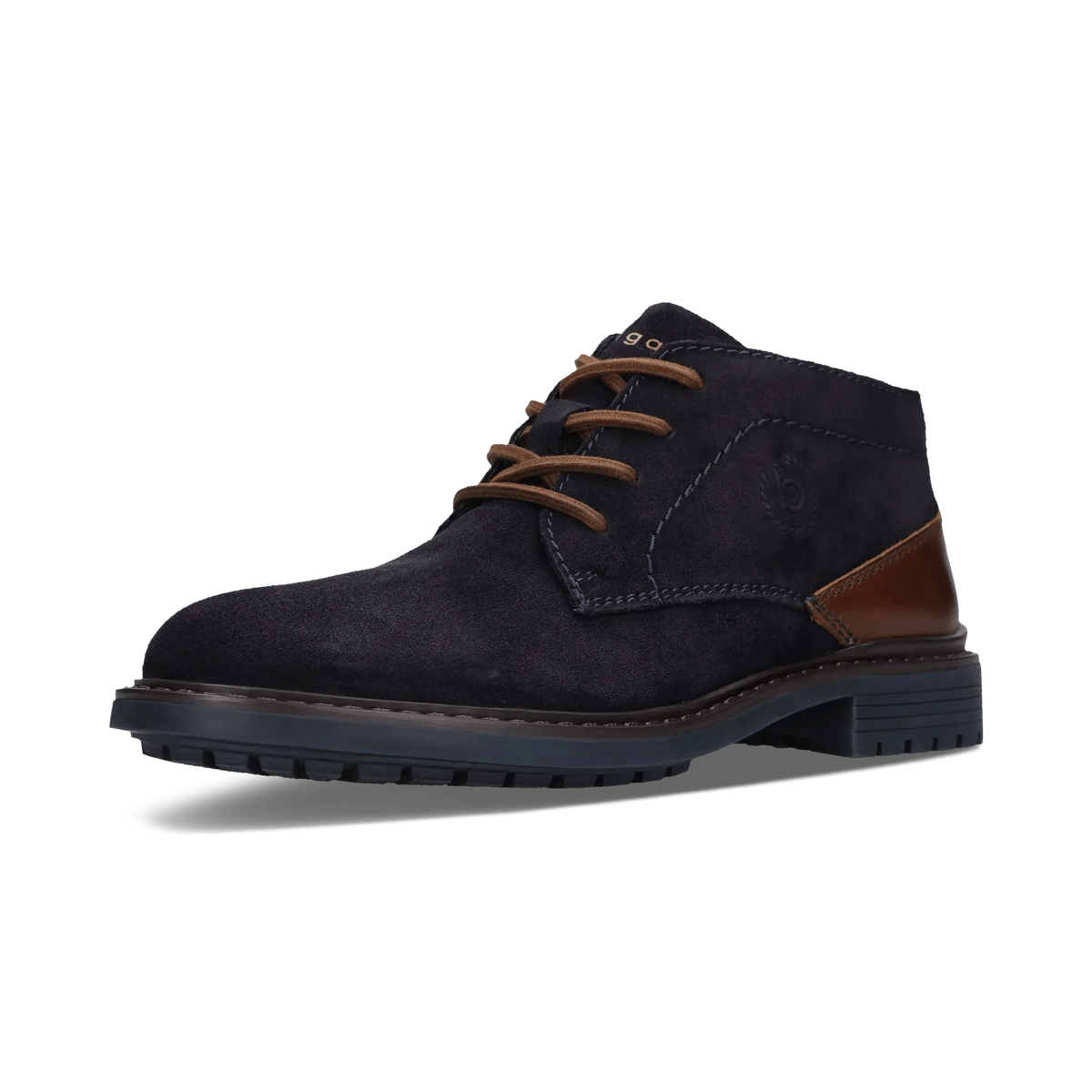 A single men's ankle boot in dark navy suede with brown leather accents on the heel and laces, shown from a side profile on a white background.
