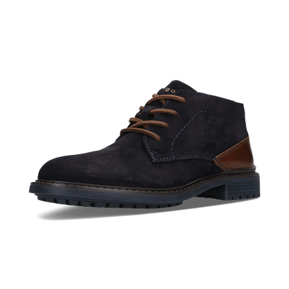 A single men's ankle boot in dark navy suede with brown leather accents on the heel and laces, shown from a side profile on a white background.