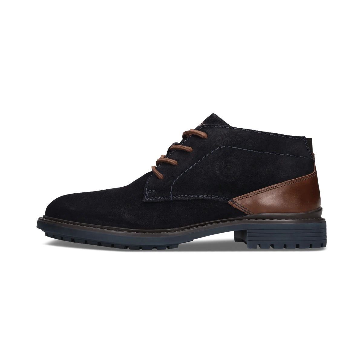 A single men's ankle boot in black suede with brown leather accents on the heel and laces, shown in a side profile against a white background.
