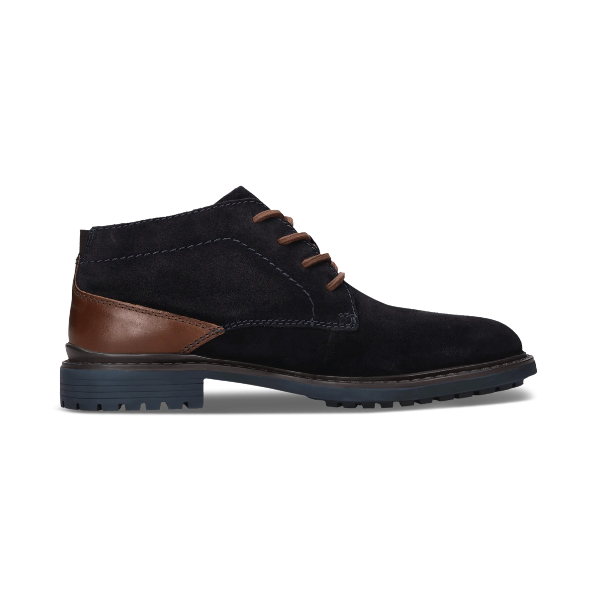 A single men's ankle boot in black suede with a brown leather side panel and matching brown laces, shown in a side profile on a white background.