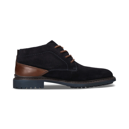 A single men's ankle boot in black suede with a brown leather side panel and matching brown laces, shown in a side profile on a white background.