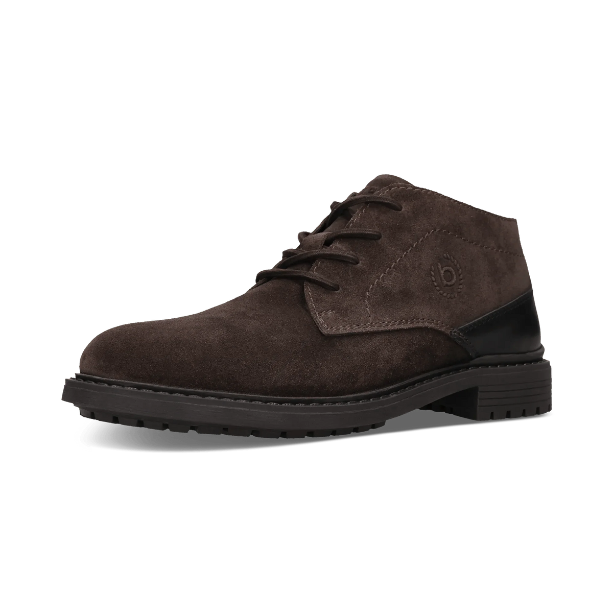 A dark brown suede lace-up ankle boot with a black heel and sole, shown from a side profile on a white background.