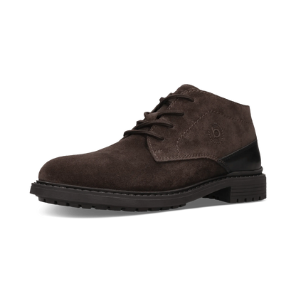 A dark brown suede lace-up ankle boot with a black heel and sole, shown from a side profile on a white background.