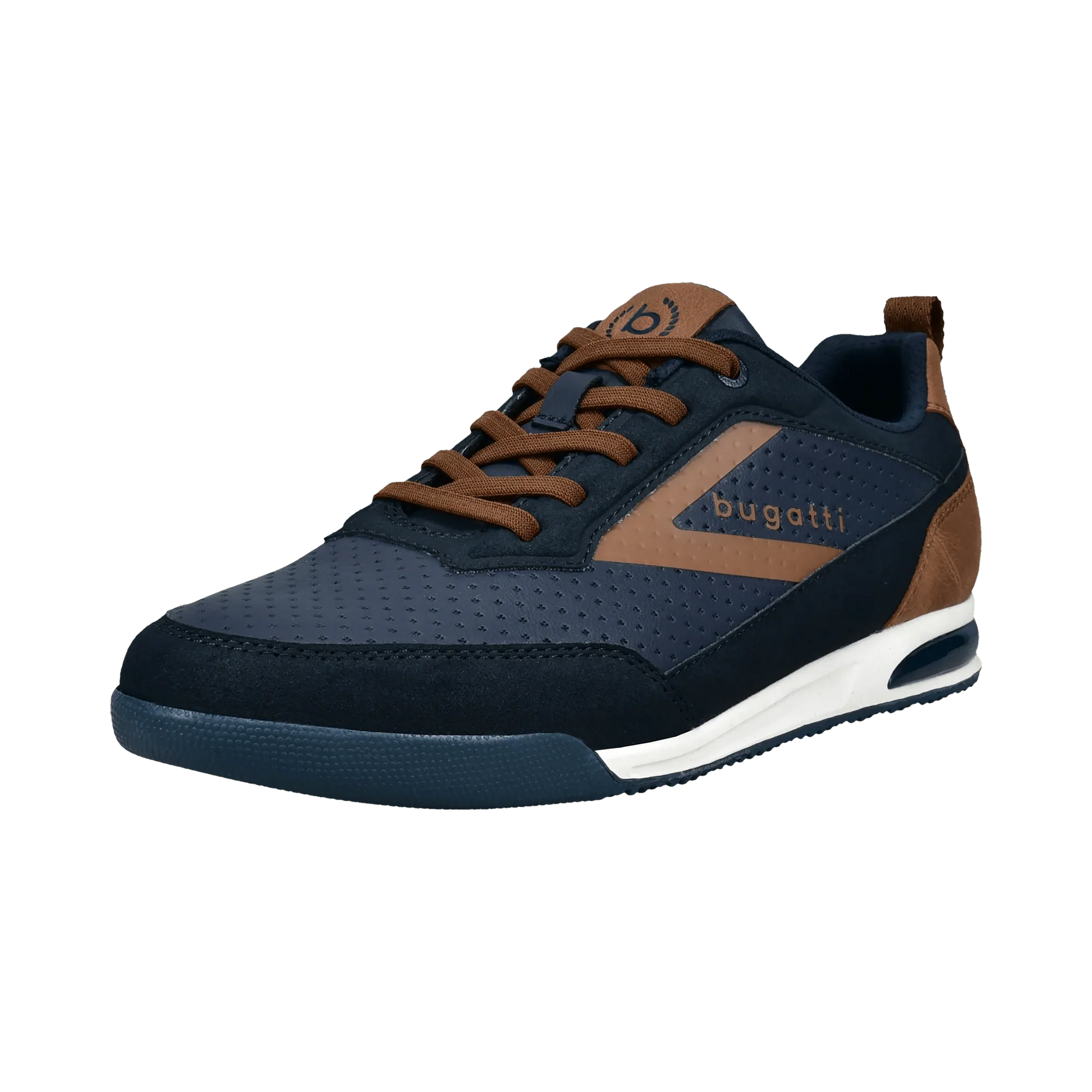 Navy and brown sneaker with 'bugatti' branding on a transparent background