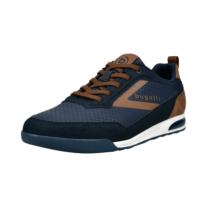 Navy and brown sneaker with 'bugatti' branding on a transparent background