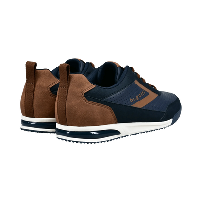 Brown and navy sneakers with 'bugatti' branding on a transparent background