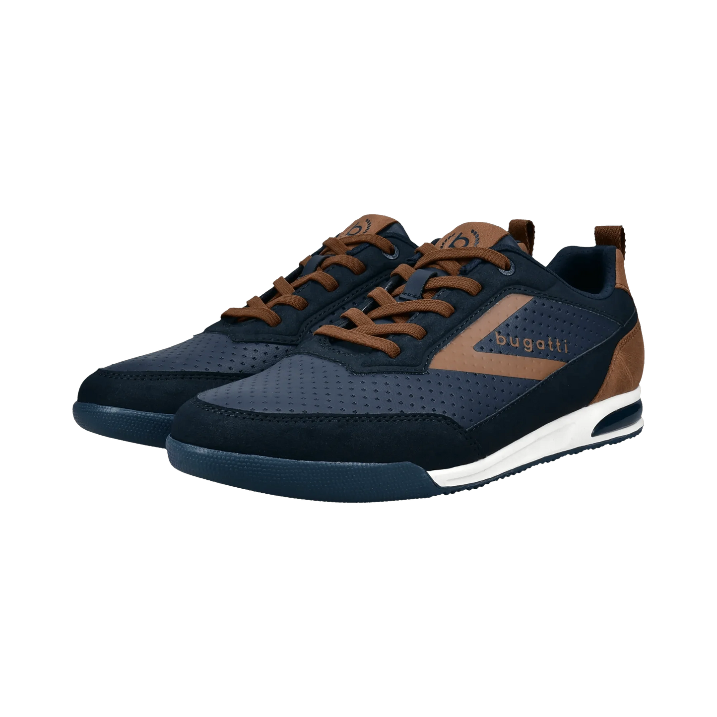 Navy and brown sneakers with 'Bogatti' branding on a transparent background