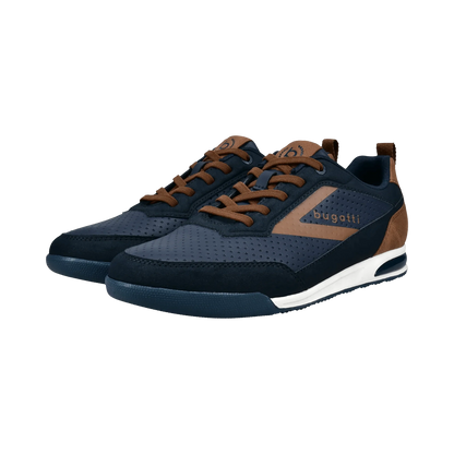 Navy and brown sneakers with 'Bogatti' branding on a transparent background