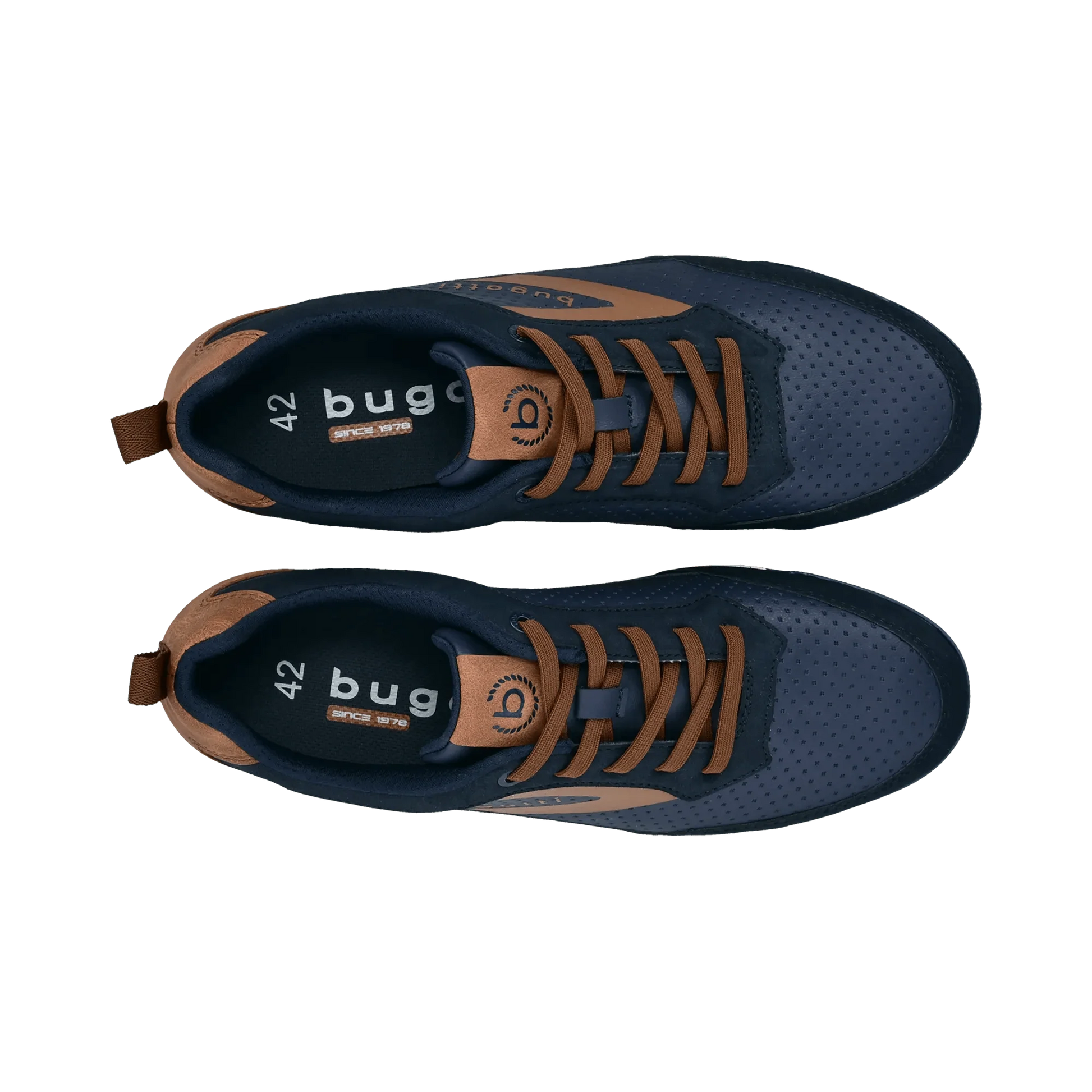 Pair of navy blue sneakers with brown accents on a white background