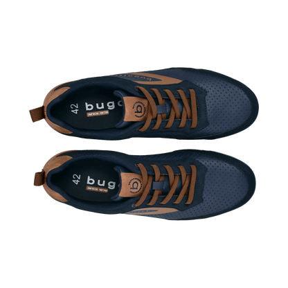 Pair of navy blue sneakers with brown accents on a white background