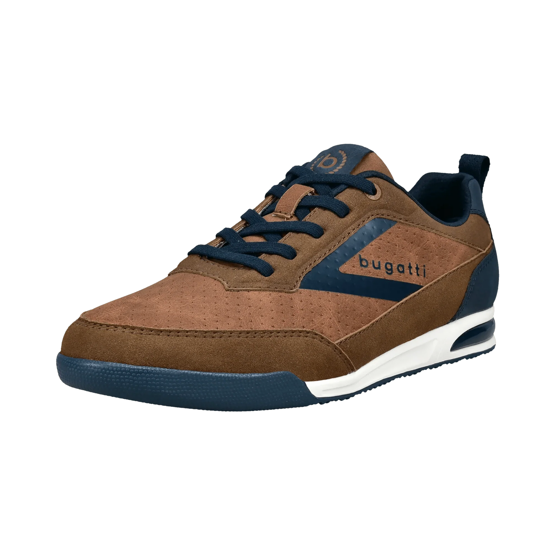 Brown and navy sneaker with 'bugatti' branding on a transparent background