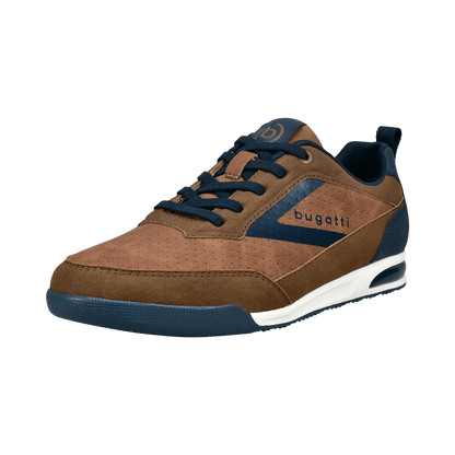 Brown and navy sneaker with 'bugatti' branding on a transparent background