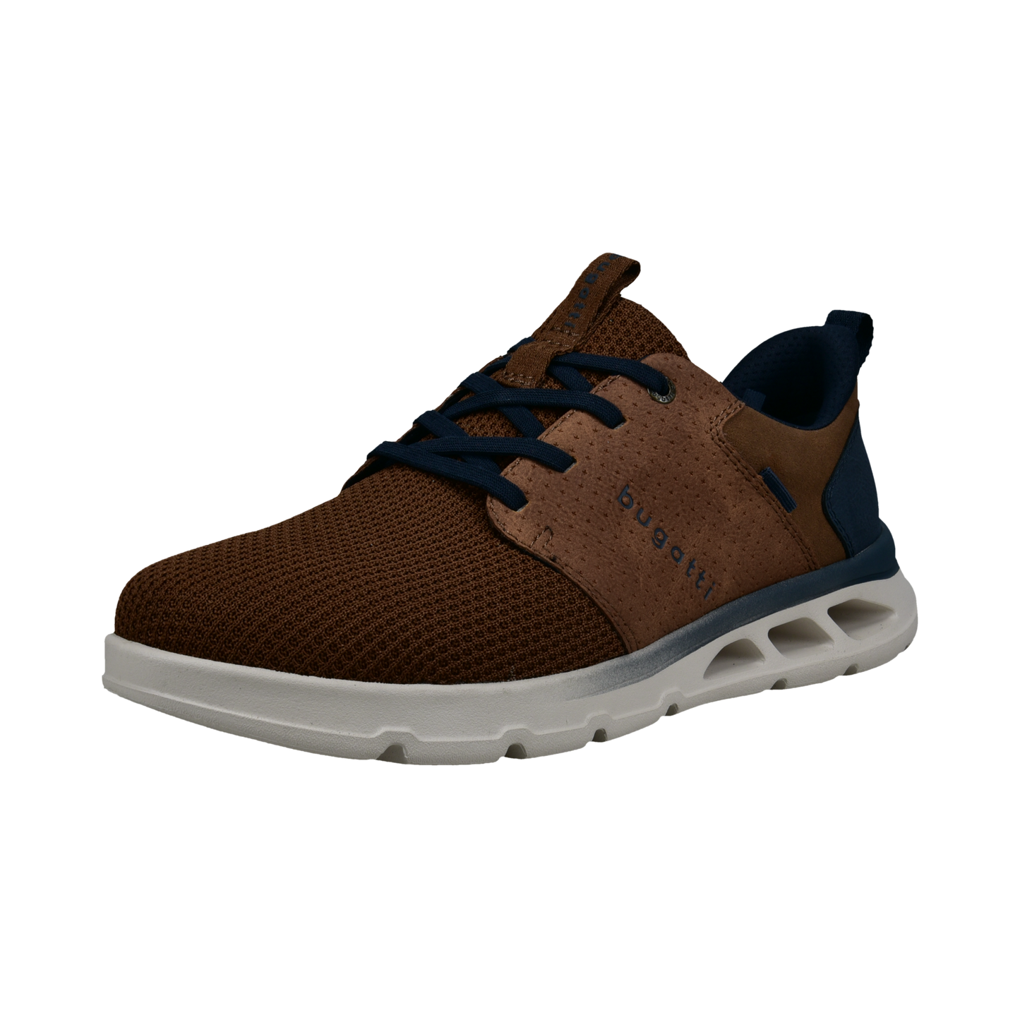 Brown sneaker with navy laces on a white background