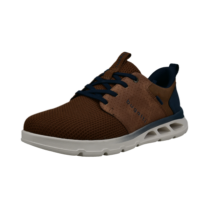 Brown sneaker with navy laces on a white background