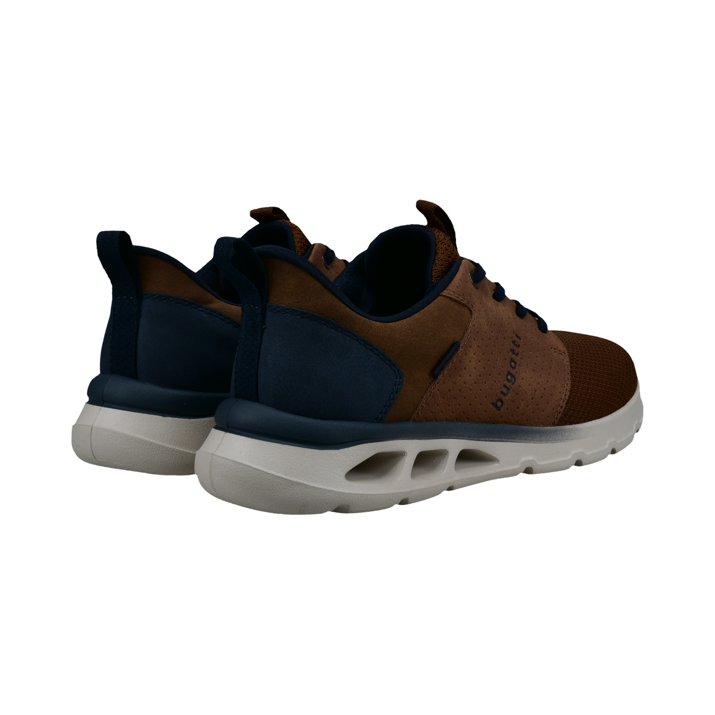 Brown and black sneakers with a white sole on a white background