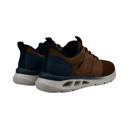 Brown and black sneakers with a white sole on a white background