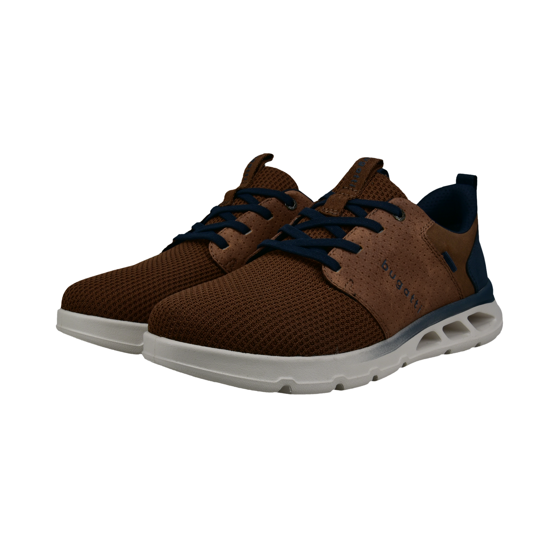 Brown sneakers with navy accents on a white background
