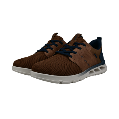 Brown sneakers with navy accents on a white background