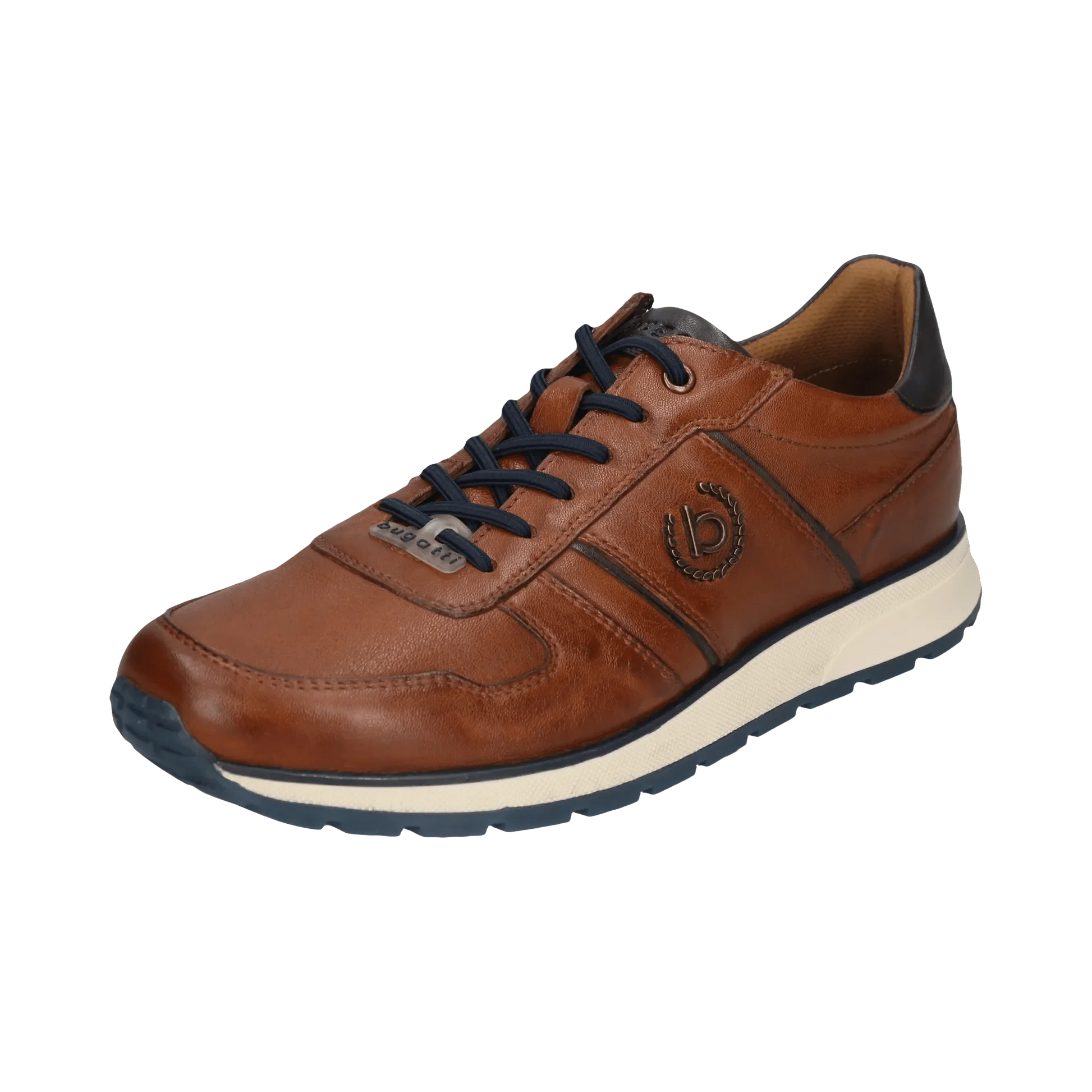 Brown leather shoe with black laces on a white background