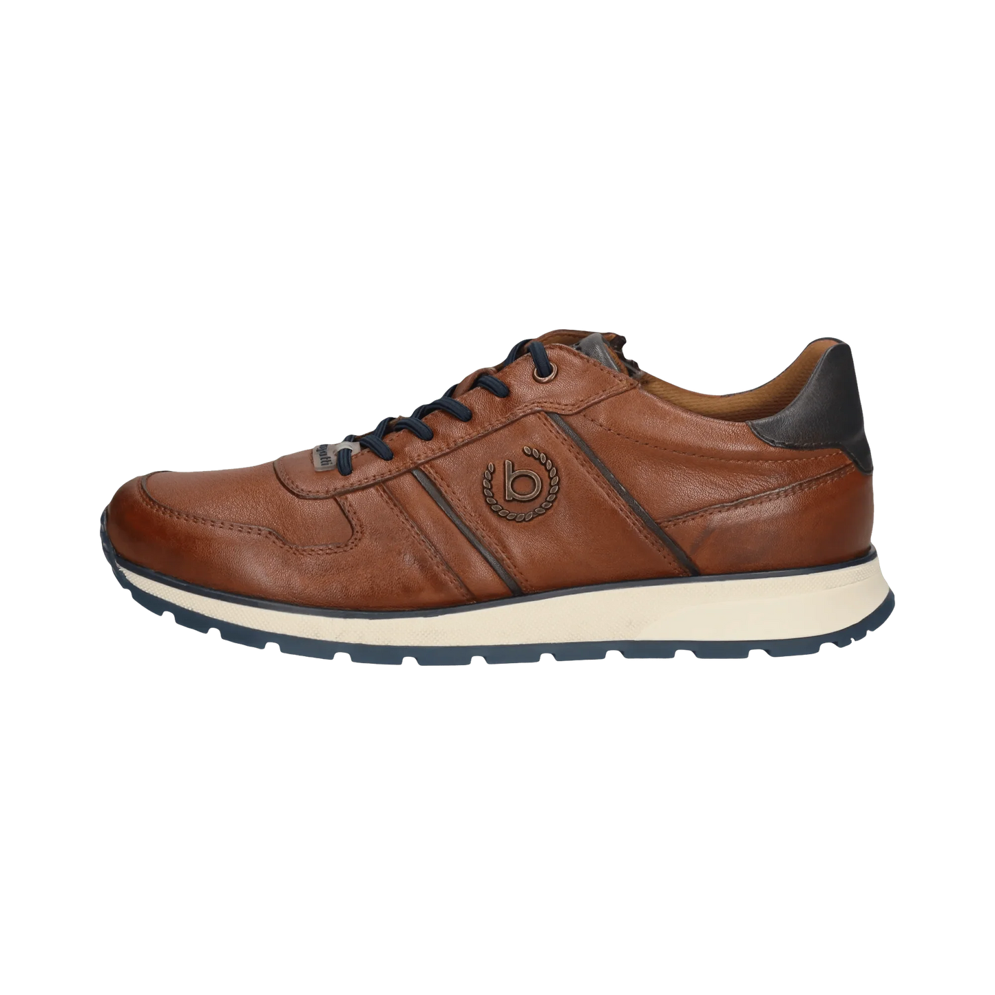 Brown leather sneaker with a brand logo on a white background