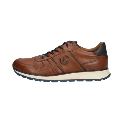 Brown leather sneaker with a brand logo on a white background