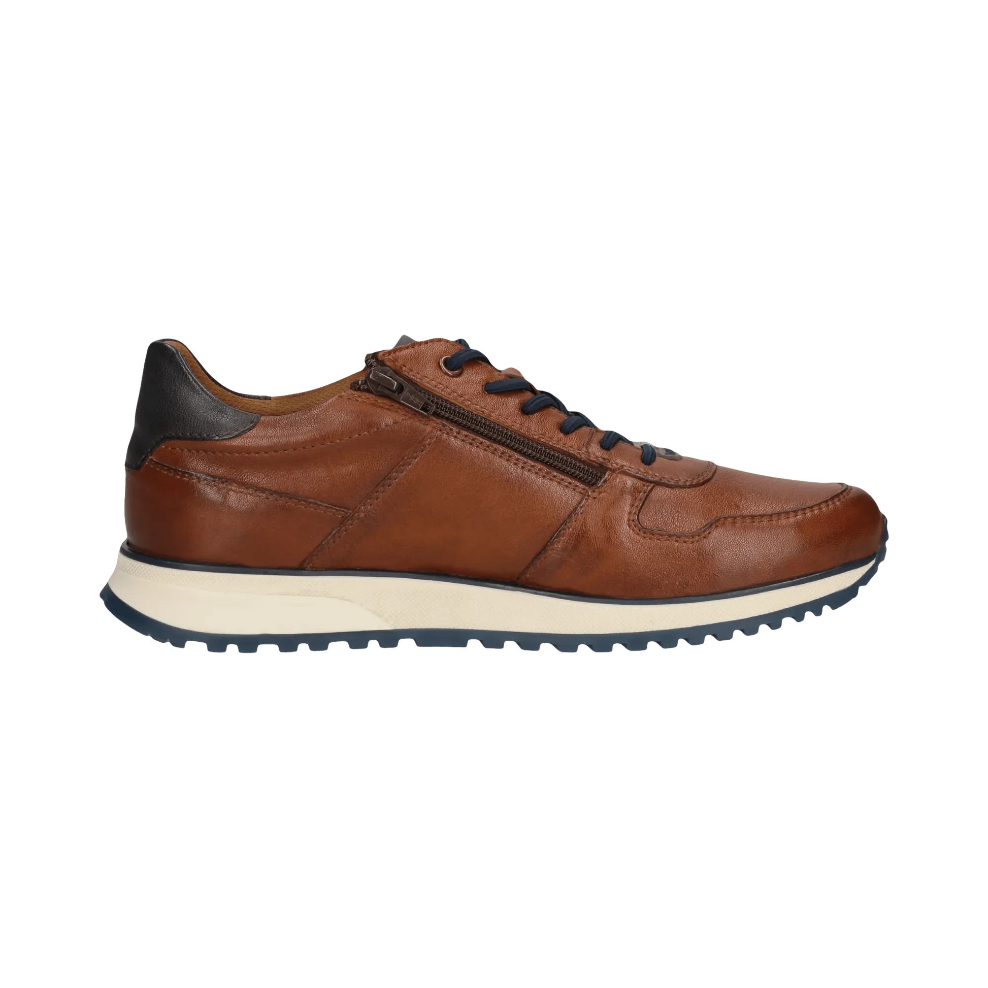 Brown leather sneaker with black accents on a white background